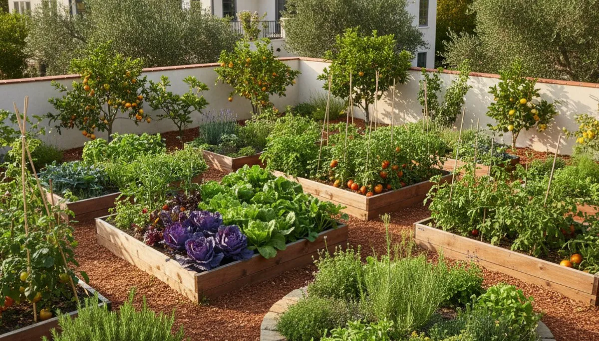 Organic edible landscape with vegetable beds and herbs at San Jose CA home by Chop Chop Landscaping