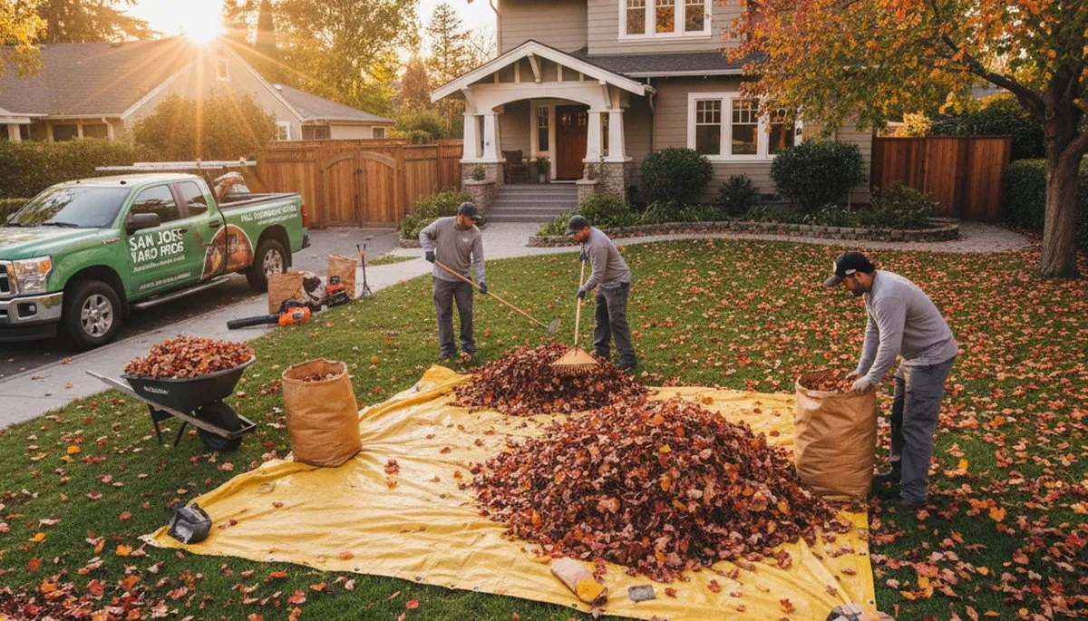 Technicians performing fall leaf removal and yard cleanup at a residential property in San Jose, CA