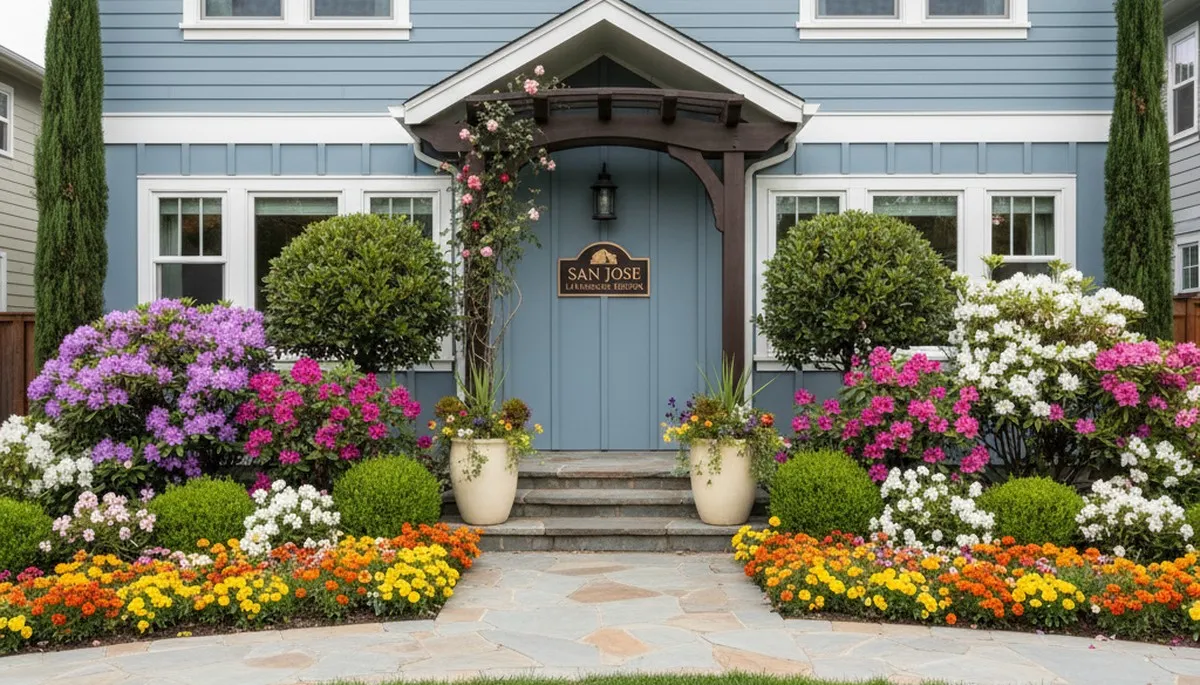 Front yard curb appeal landscaping with colorful plants and shrubs in San Jose, CA