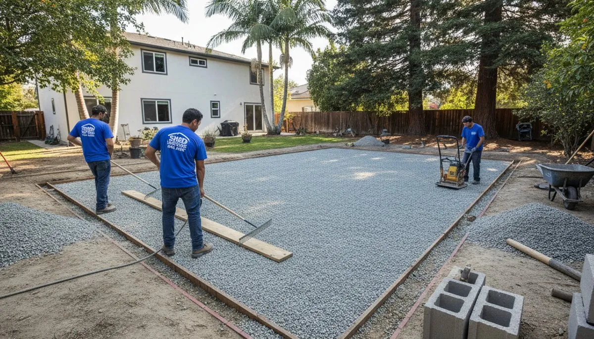 Shed foundation base preparation with gravel pad and drainage by landscaping experts in San Jose, CA