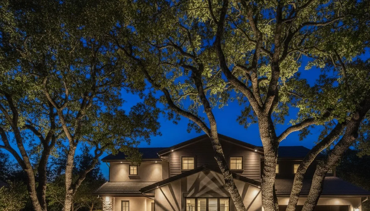 Mature trees illuminated with professional uplighting at night by Chop Chop Landscaping in San Jose, CA